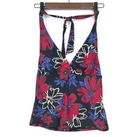 Catalina Tops - Catalina Red Floral Halter Tankini Swim Top Open Back Black Blue M 8-10